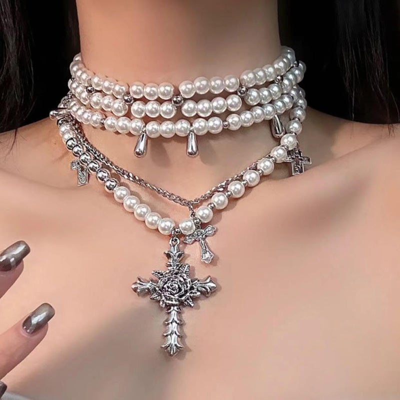 KURTCB Layered Pearl Necklace Gothic Cross Pearl Stacked Necklace for Women - Image 4